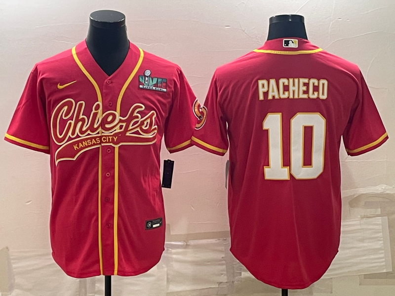 Men's Kansas City Chiefs #10 Isiah Pacheco Red With Super Bowl LVII Patch Cool Base Stitched Baseball Jersey - Click Image to Close